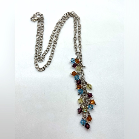 STERLING & Crystal Multi Colour Crystal Drop Necklace 16” w 3” Drop MHJ 925 - Picture 3 of 7